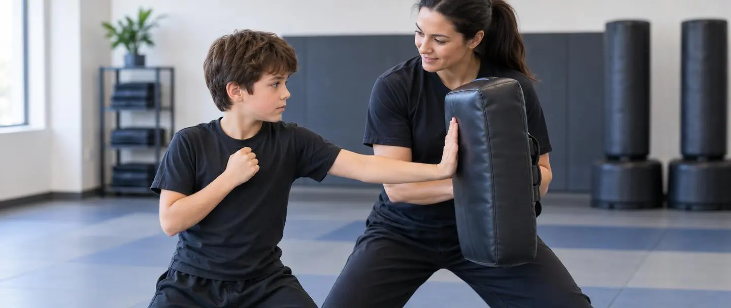 Beginner self-defense training for a child, practicing a palm strike with instructor guidance.