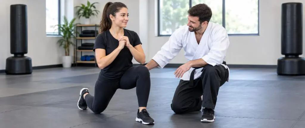 Beginner martial arts training with instructor supervision during a lunge stretch on the mat.